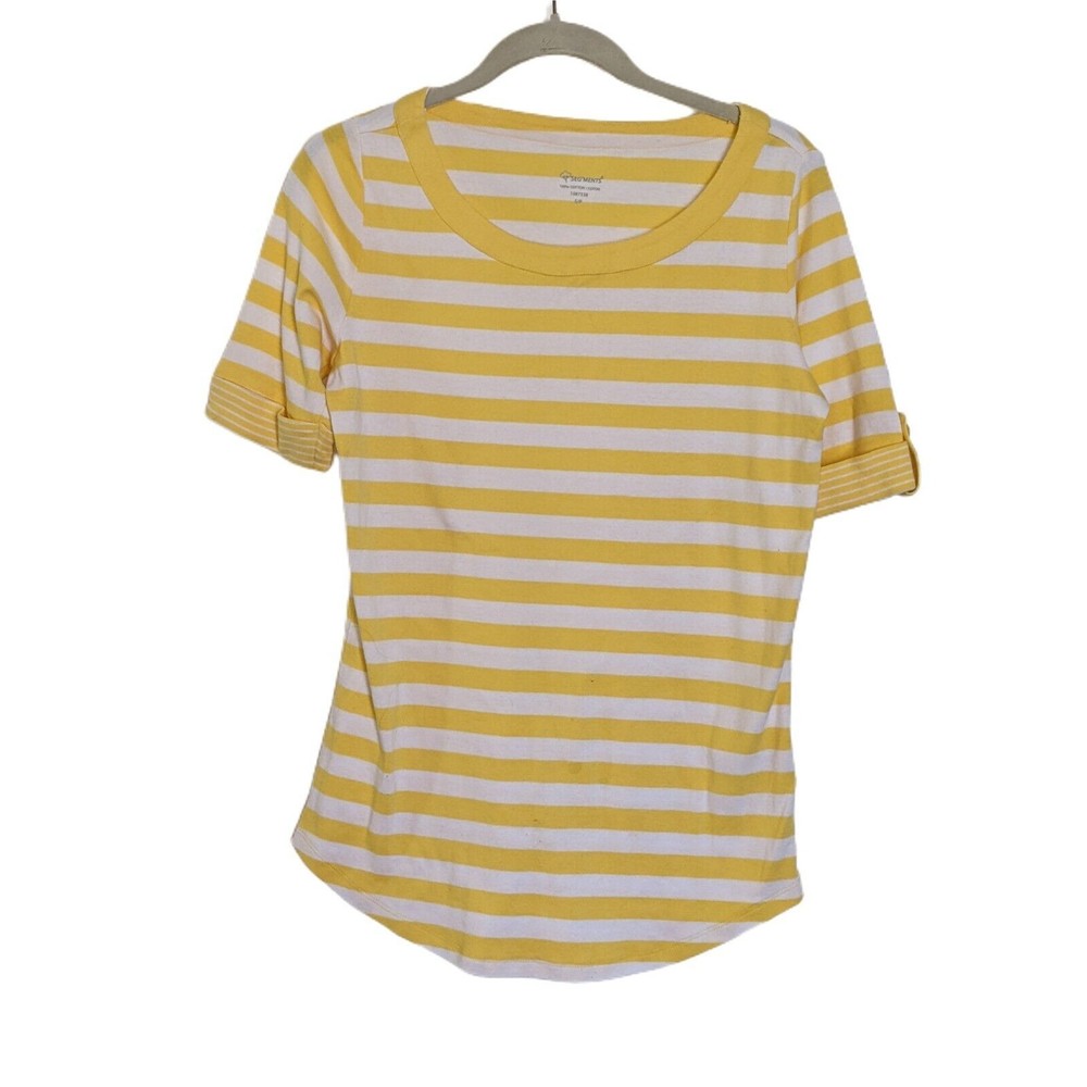 Segments Women T-shirt Petite Small Yellow White Stripe  Short Sleeve Top Shirt